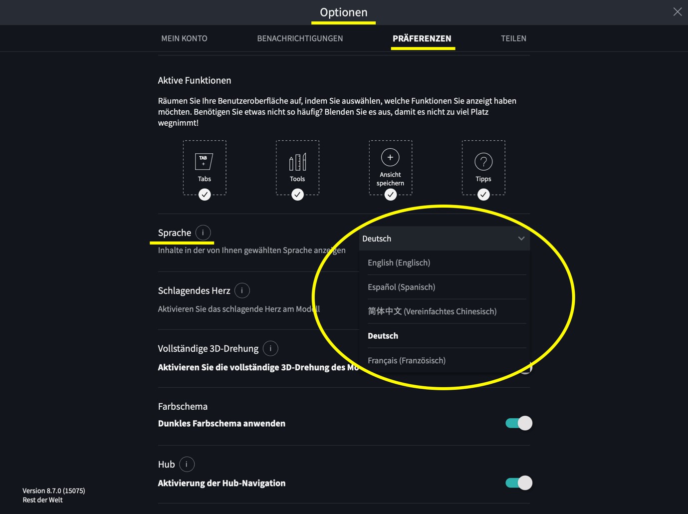 Bildschirm „Spracheinstellungen“